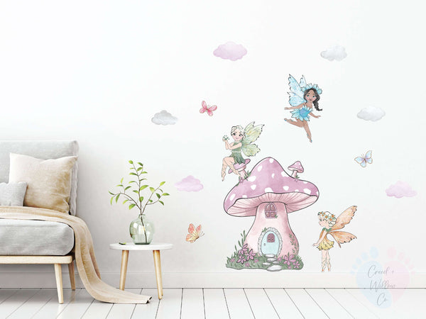 Little Mermaid Painting With Pink Mushroom House And Fluffy Clouds Wall Stickers