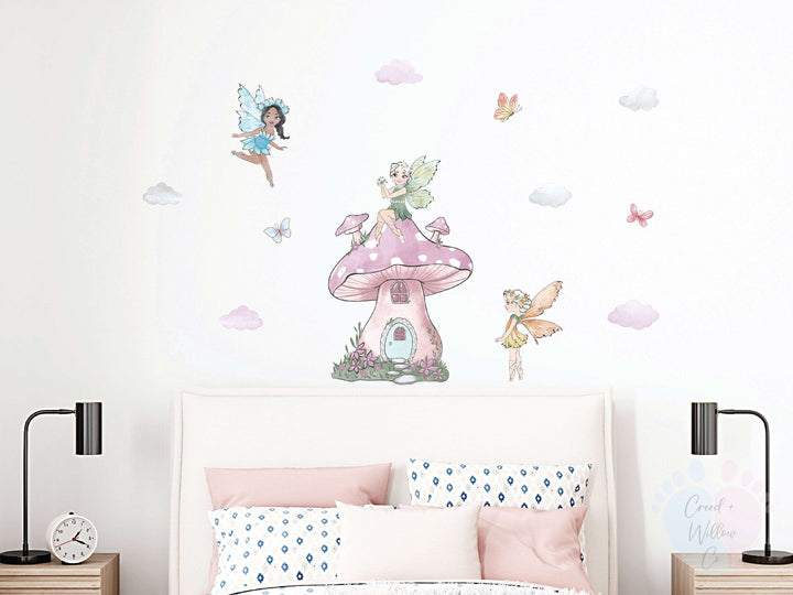 Girl’s Bedroom With Fairy Wall Stickers, Pink Mushroom House, And Six Fluffy Clouds Mural