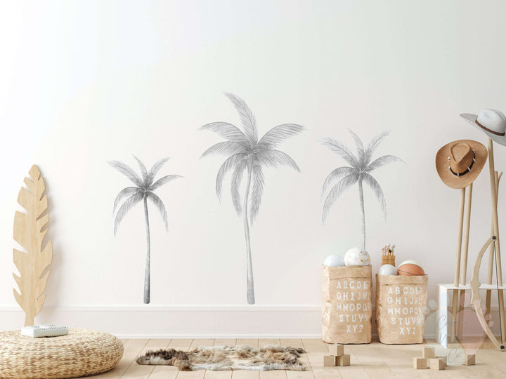 Removable Grey Palm Tree Wall Decals Featuring Three Palms On a White Background