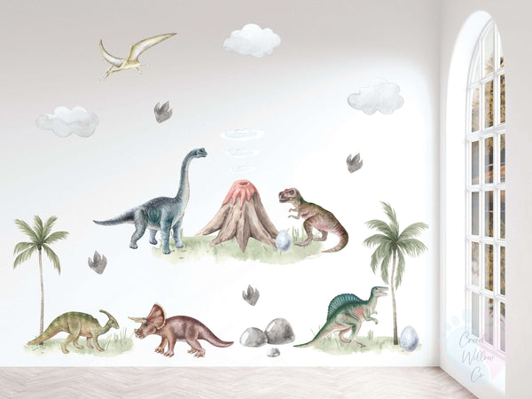 removable dinosaur wall decal set in clay sage and sand tones