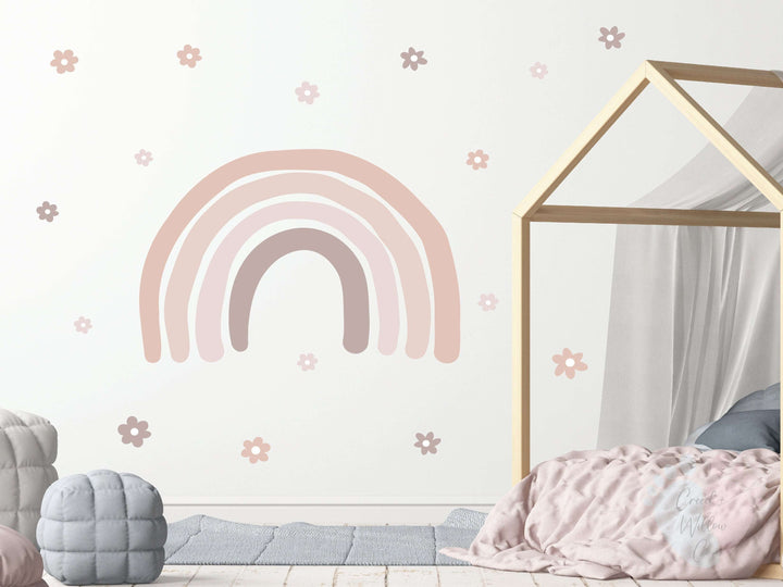 Rainbow Removable Wall Sticker Pack On a Pink Wall Showcasing Sizes