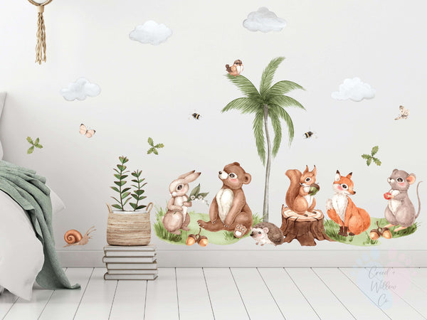 woodland animal wall decal with deer rabbit owl and hedgehog
