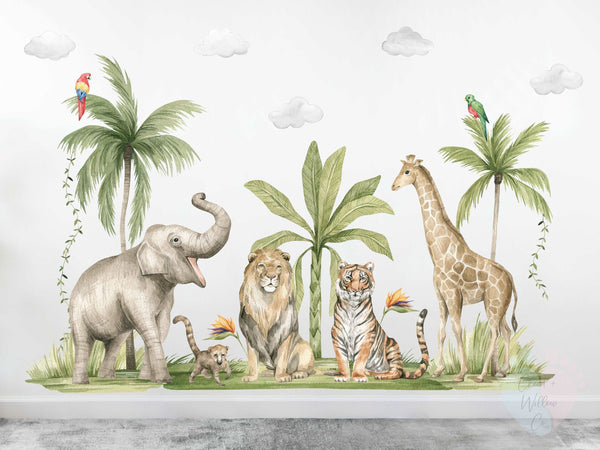 Safari Animal Wall Stickers Featuring Medium Jungle Decals With Grass Patches