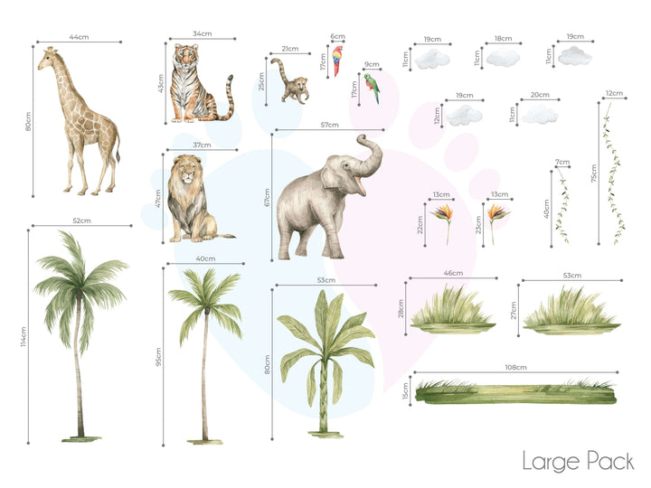 Safari Animal Wall Stickers Featuring a Mural With Animals, Plants, And Grass Patches