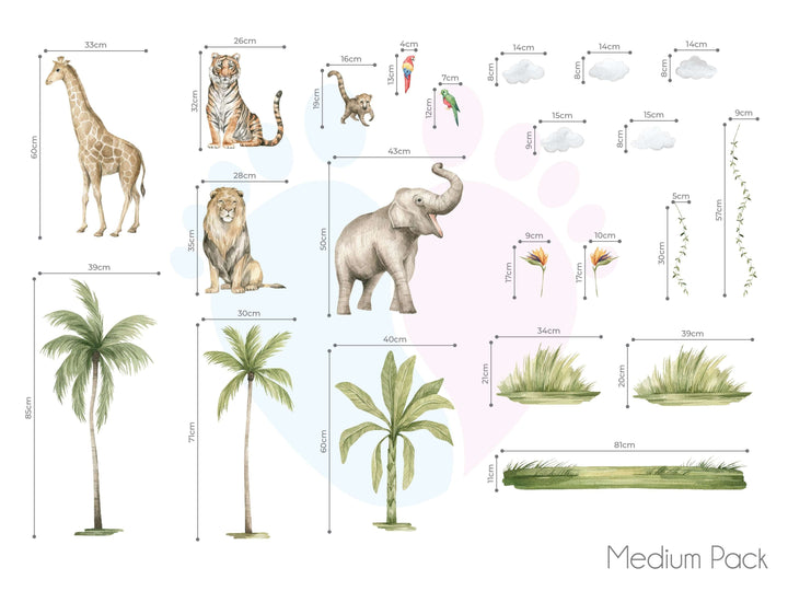 Safari Animal Wall Stickers Featuring Mural With Animals, Plants, And Grass Patches