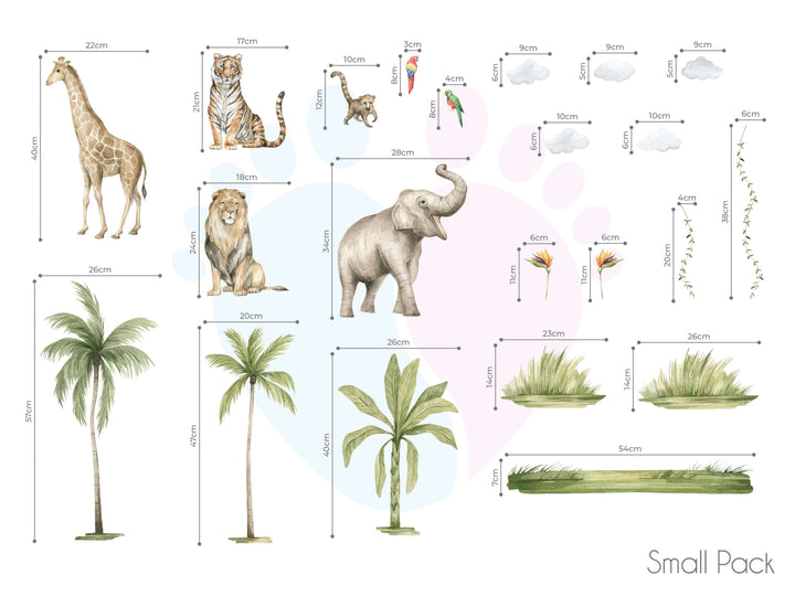 Safari Animal Wall Stickers Featuring a Mural Of Animals And Plants With Grass Patches