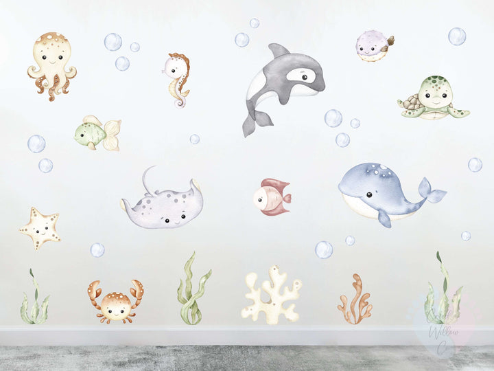 Colorful Sea Creature Wall Stickers Featuring Fish And Bubbles On Mural