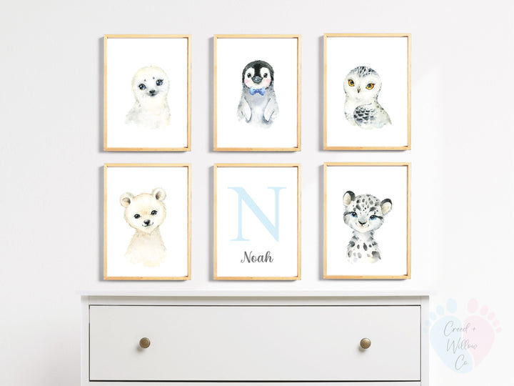 Set Of 6 Arctic Animal Prints On Archival Canvas Paper In White Dresser Display