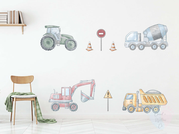 Colorful Construction Wall Decals Featuring Trucks And Vehicles On a Mural