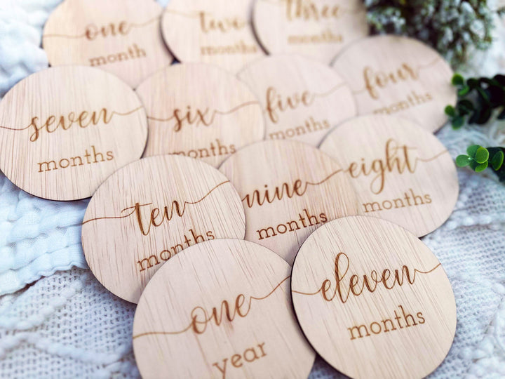 Laser Cut Wooden Discs For Tracking Baby’s First Year Milestones In Simple Wood Birth Milestones