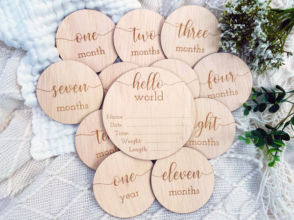 Set Of Laser Cut Wooden Milestone Discs For Baby’s First Year - Simple Wood Birth Milestones