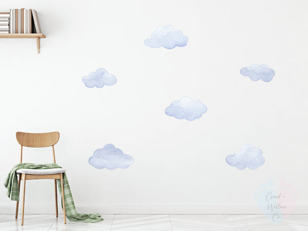 sky blue cloud wall decal with watercolour-style clouds for boys nursery