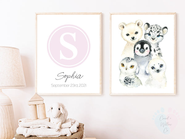 Snowy Animal Wall Art On Archival Paper With Baby’s Name And Teddy Framed Prints