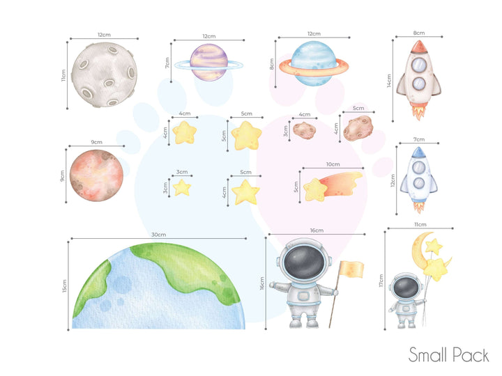 Space Wall Stickers Pack Featuring Planets, Stars, And a Shooting Star In Various Sizes