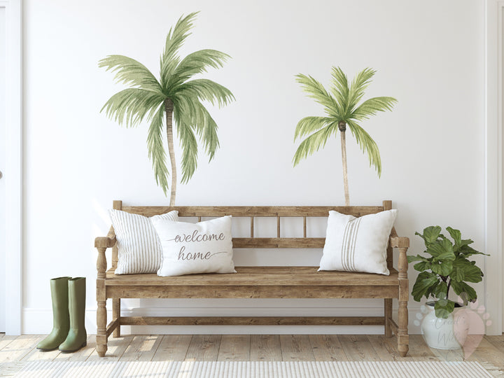 Size Pack Includes Palm Tree Wall Decals With a Bench Between Palm Trees