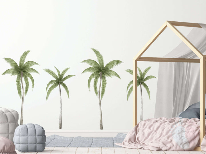 tropical palm tree wall decals in soft beige and green for nursery
