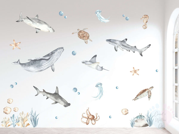 Colorful Under The Sea Wall Decals Featuring Vibrant Sea Animals Mural