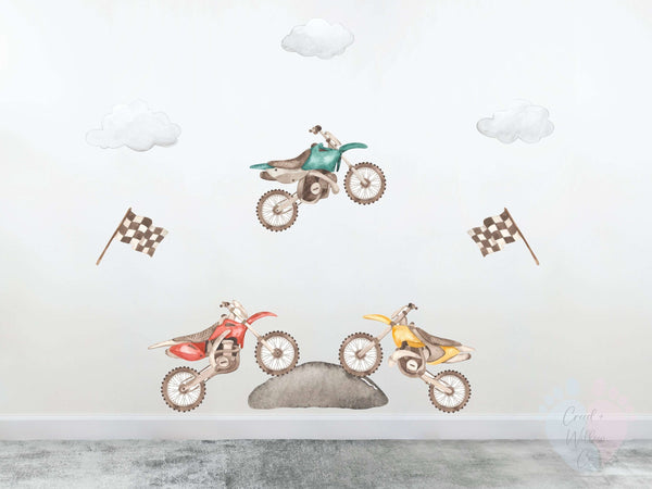 motorbike wall decal set in vintage orange navy and neutral tones
