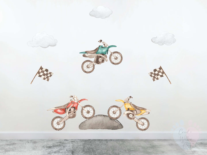 motorbike wall decal set in vintage orange navy and neutral tones
