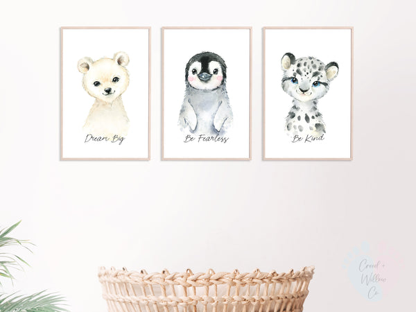 Three Winter Animal Art Prints On Canvas Paper, Watercolor Animals On White Background