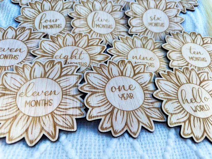 Wood Flower Birth Milestones: Laser Cut Baby Month Markers Engraved With ’hello World’