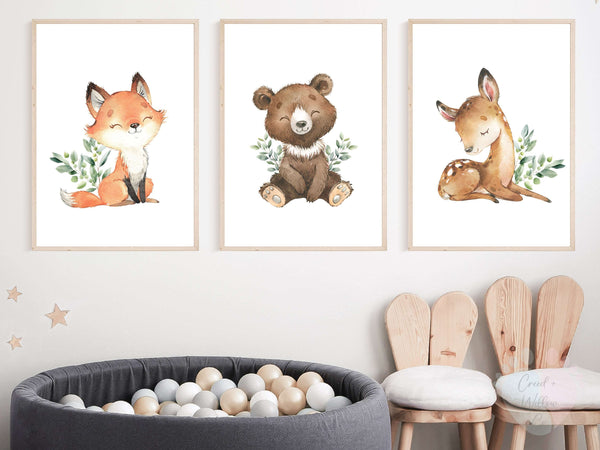 Woodland Animal Wall Art On Canvas Paper With Three Watercolor Posters