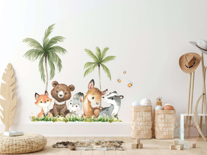 Colorful Woodland Animal Wall Decals Featuring Animals And Palm Trees On a Wall Sticker