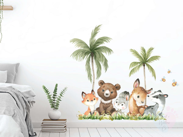 Woodland Animal Wall Decals Featuring Vibrant Animals And Palm Trees