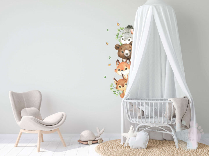 Woodland Door Wall Decals Featuring Baby Crib With Canopy And Chair, Woodland Animals Theme