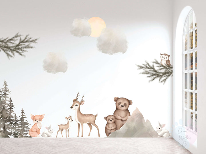 Woodland Wall Stickers Featuring a Serene Forest Scene With Deers On a Mural