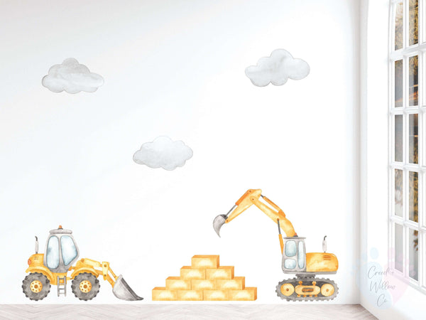 yellow construction truck wall decals with diggers loaders and traffic signs