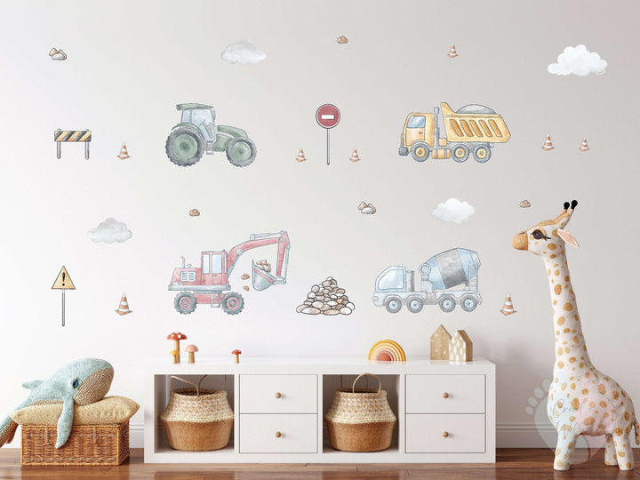 peel-and-stick construction decals for boys room or toddler play space