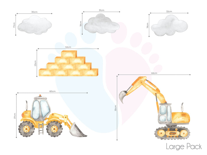 Yellow Construction Wall Stickers Featuring Vehicles, Cat, And Bull For Kids’ Room Decor