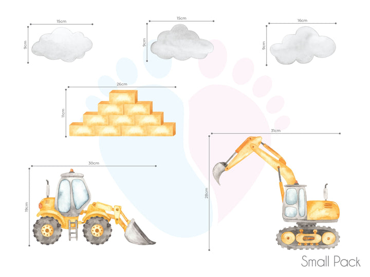 Yellow Construction Wall Stickers Featuring a Cat And Bull Among Vehicles