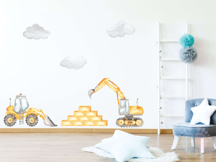 Yellow Construction Wall Stickers Featuring a Tractor And Vehicle Decal