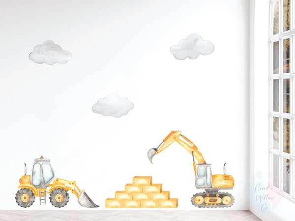 Yellow Construction Wall Stickers Featuring a Crane And Vehicle Decal