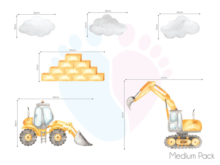 Yellow Construction Wall Stickers Featuring a Cat, a Bull, And Vehicles